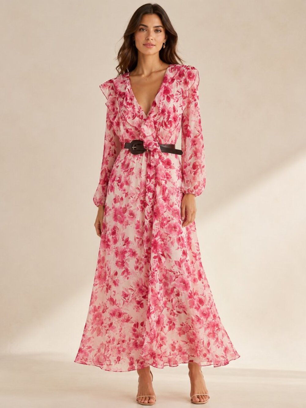 Zara Pink & White Floral Ruffle Midi Dress XS | Lined Romantic Belted Dress